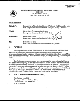 Action Memo: Request for Time-Critical Removal Action at Site, W/Attchs 1