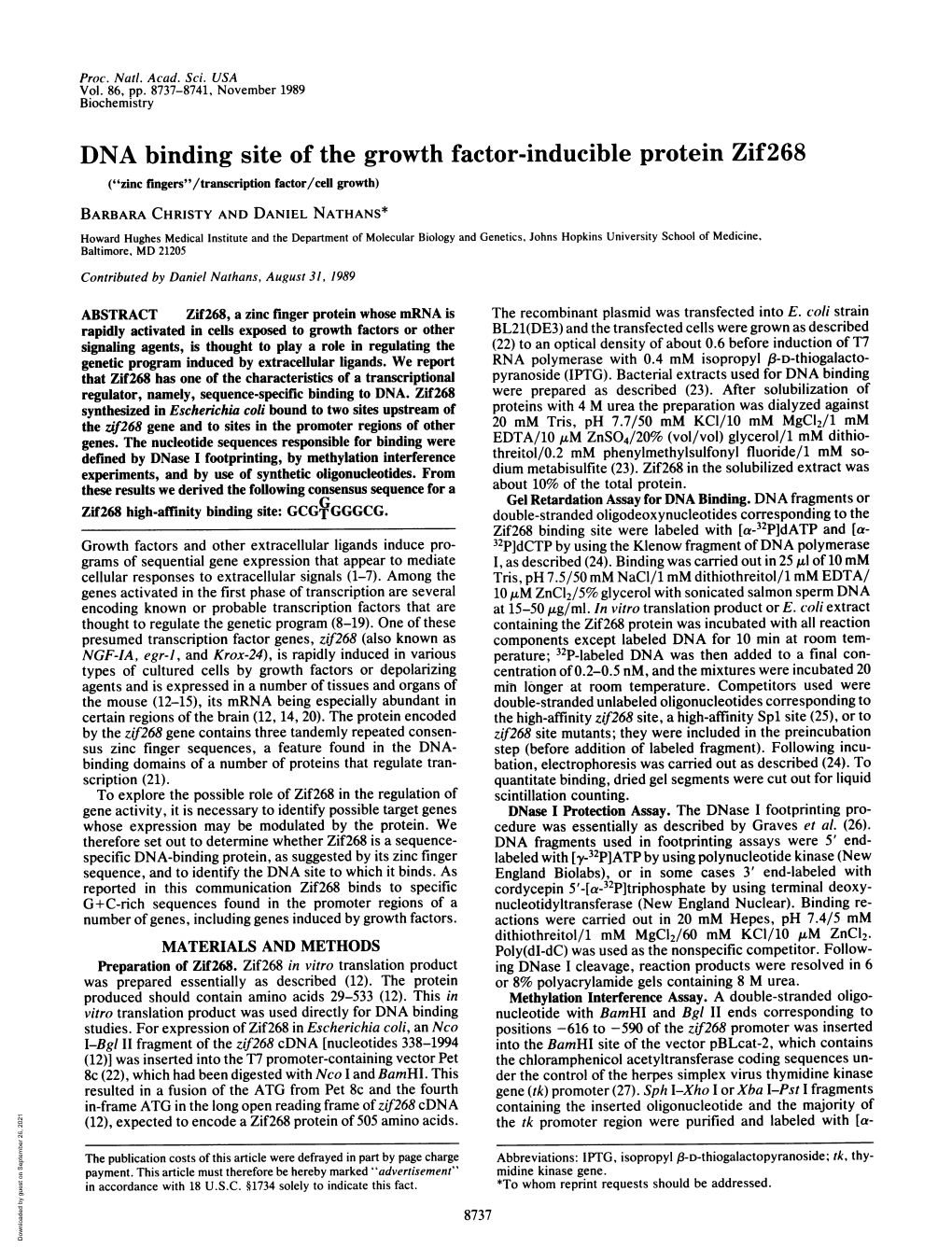 DNA Binding Site of the Growth Factor-Inducible Protein Zif268