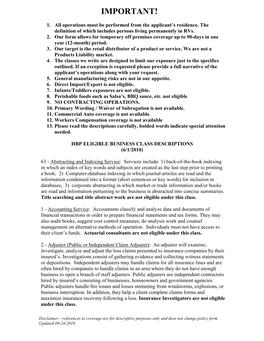 Hbp Eligible Business Class Descriptions (6/1/2010)