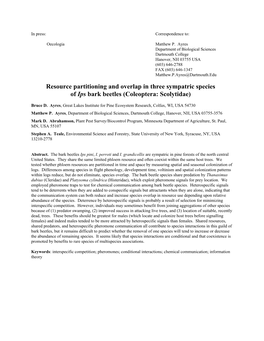 Resource Partitioning and Overlap in Three Sympatric Species of Ips Bark Beetles (Coleoptera: Scolytidae)