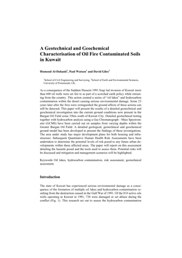 A Geotechnical and Geochemical Characterisation of Oil Fire Contaminated Soils in Kuwait
