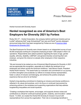 Press Release Henkel Recognized As One of America's Best Employers For