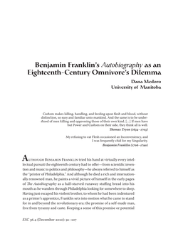 Benjamin Franklin's Autobiography As an Eighteenth-Century Omnivore's
