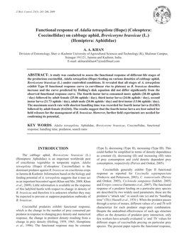 Functional Response of Adalia Tetraspilota (Hope) (Coleoptera: Coccinellidae) on Cabbage Aphid, Brevicoryne Brassicae (L.) (Hemiptera: Aphididae)