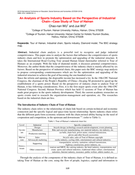 An Analysis of Sports Industry Based on the Perspective of Industrial Chain—Case Study of Tour of Hainan Chao-Nan WU1 and Jue WU2 1College of Tourism