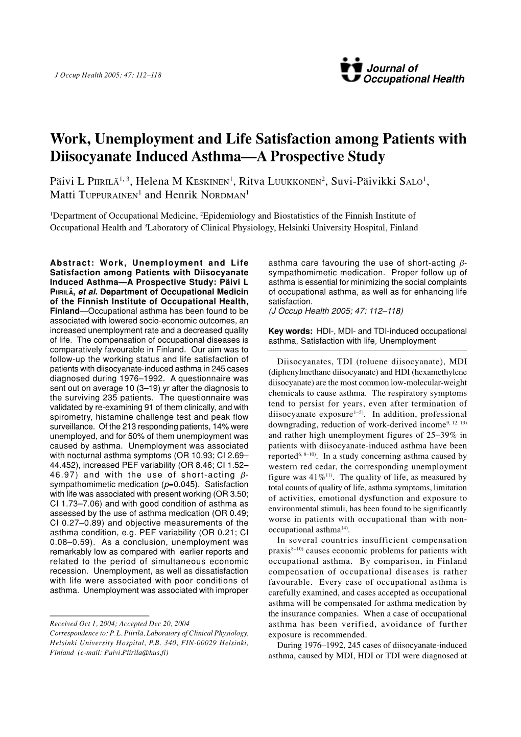 Work, Unemployment and Life Satisfaction Among Patients with Diisocyanate Induced Asthma—A Prospective Study