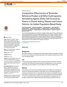Comparative Effectiveness of Biosimilar, Reference Product and Other Erythropoiesis-Stimulating Agents (Esas) Still Covered by P
