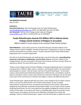 Taube Philanthropies Awards $15 Million Gift to Hebrew Union College-Jewish Institute of Religion in Jerusalem