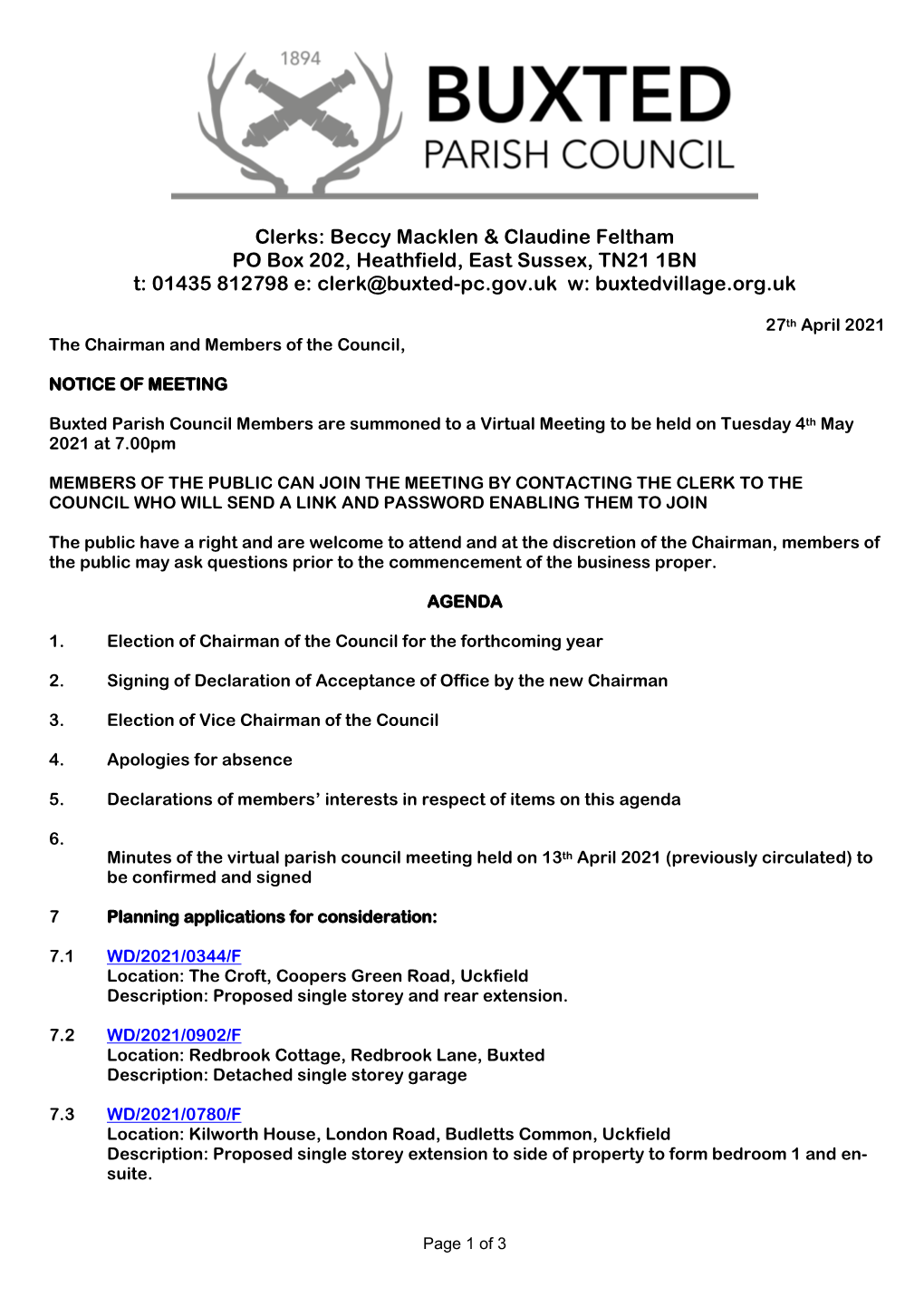 PC Meeting Agenda 6 June 20