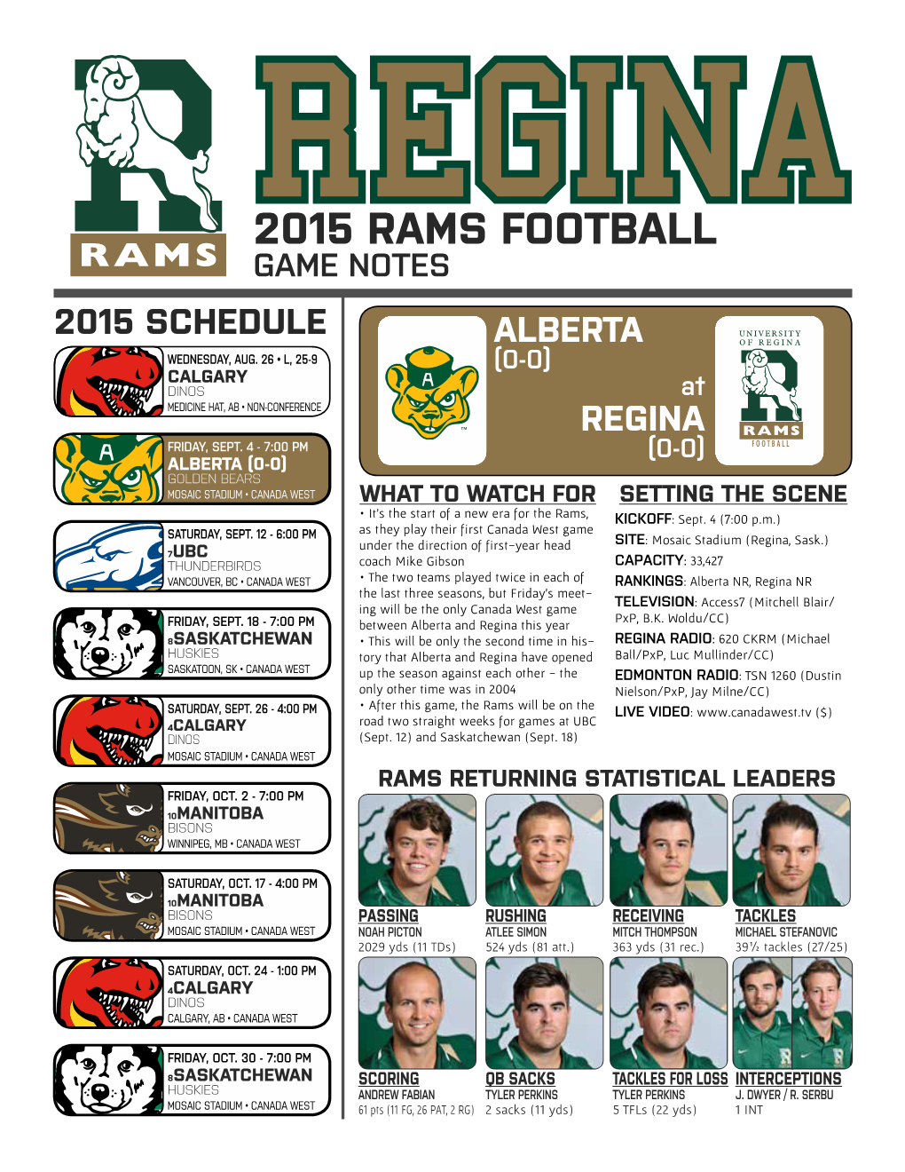 2015 Rams Football Game Notes 2015 Schedule Alberta Wednesday, Aug