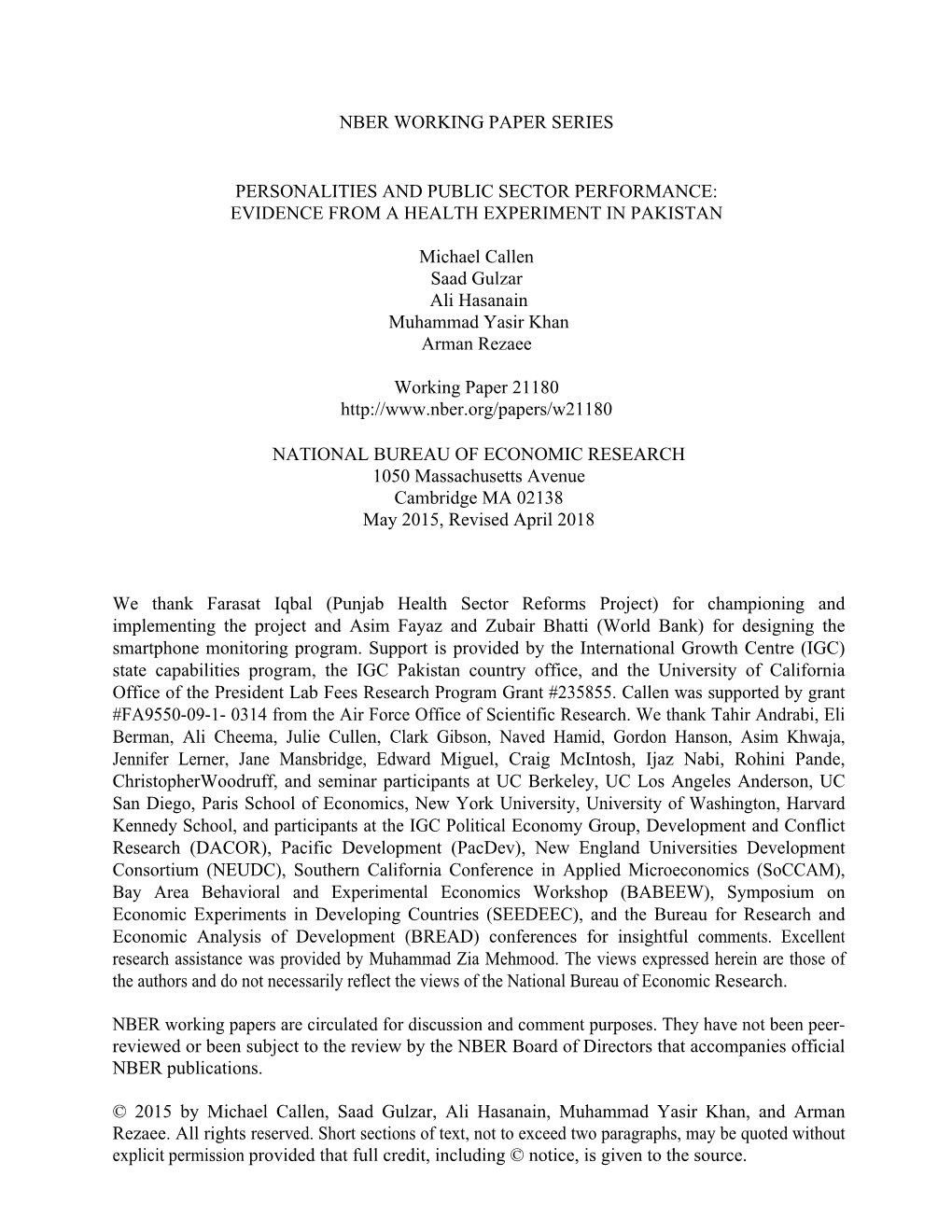 Personalities and Public Sector Performance: Evidence from a Health Experiment in Pakistan