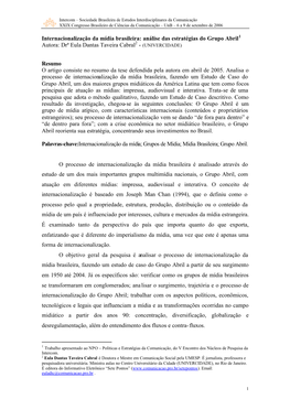 Internacionalização Da Mídia Brasileira: Análise Das Estratégias Do Grupo Abril Autora: Drª Eula Dantas Taveira Cabral