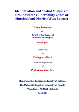 Identification and Spatial Analysis of Groundwater Vulnerability Zones of Murshidabad District (West Bengal)