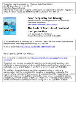 The Birds of Franz‐Josef Land and Their Protection S