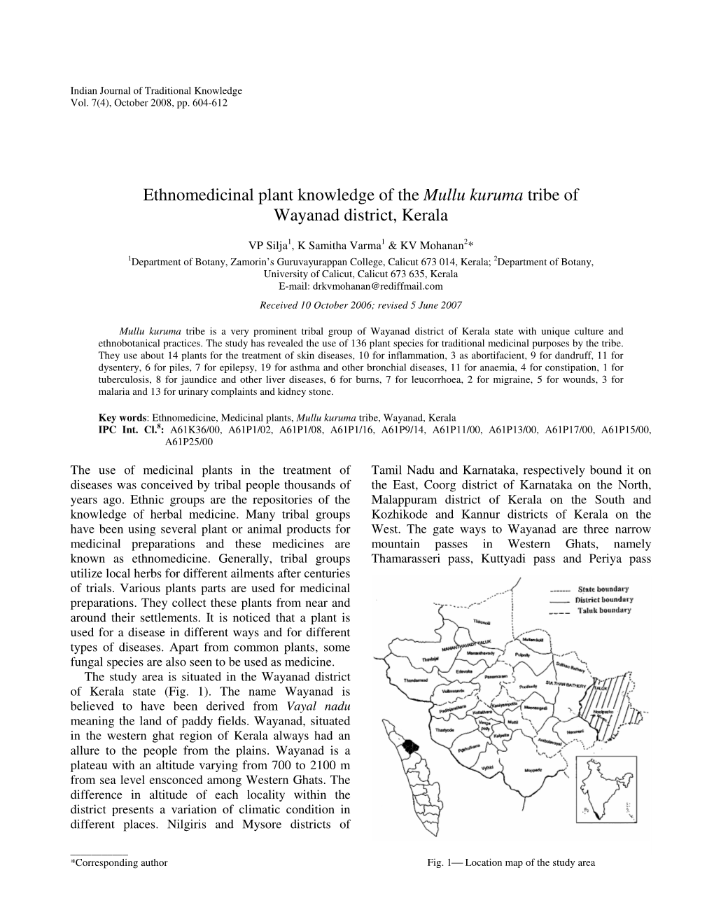 Ethnomedicinal Plant Knowledge of the Mullu Kuruma Tribe of Wayanad District, Kerala