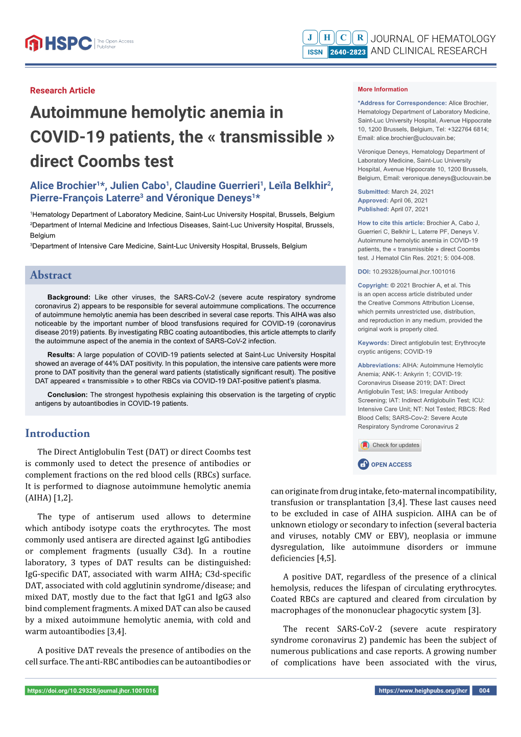 Autoimmune Hemolytic Anemia in COVID-19 Patients, the « Transmissible » Direct Coombs Test