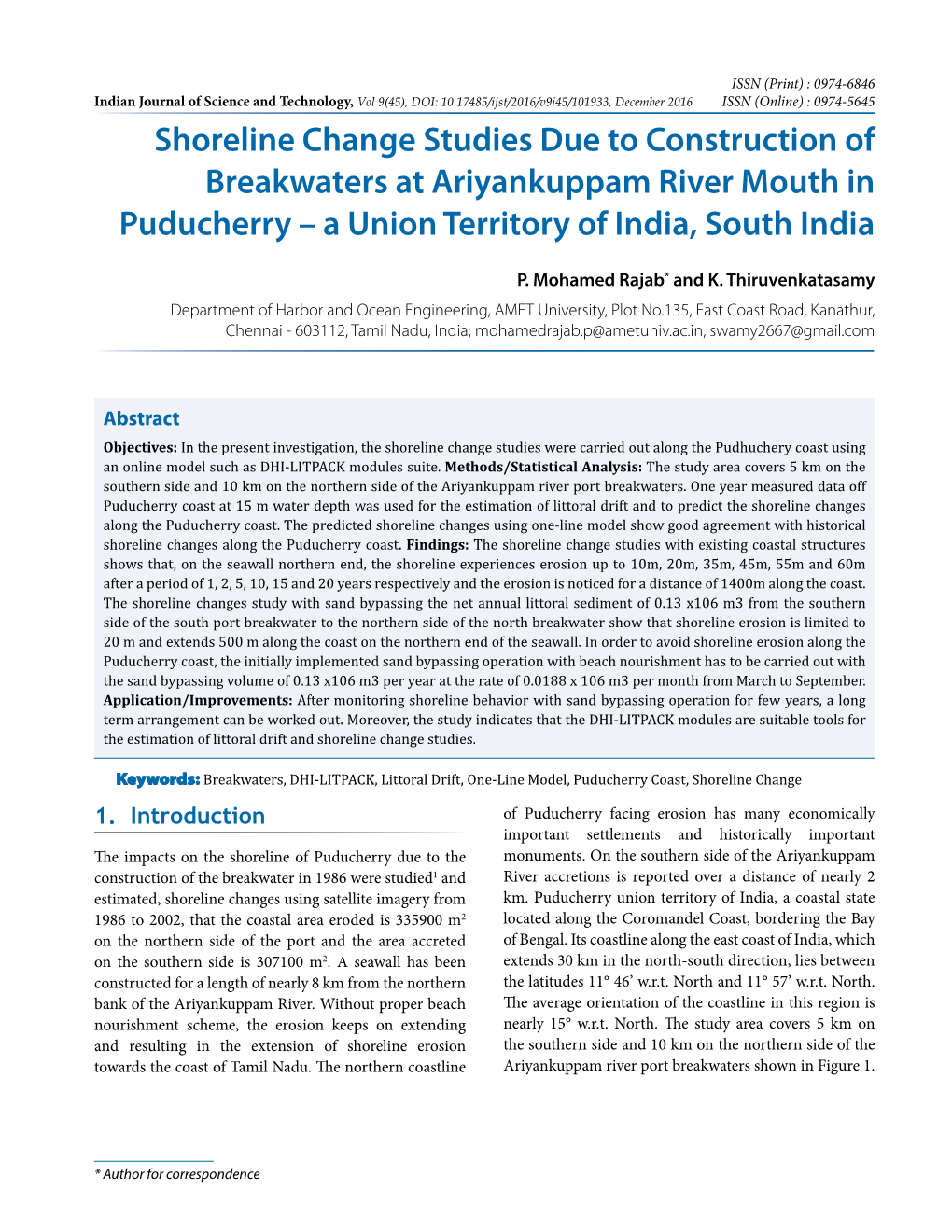 Shoreline Change Studies Due to Construction of Breakwaters at Ariyankuppam River Mouth in Puducherry – a Union Territory of India, South India