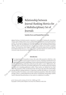 Relationship Between Journal-Ranking Metrics for a Multidisciplinary Set of Journals