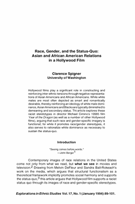 Race, Gender, and the Status-Quo: Asian and African American Relations in a Hollywood Film