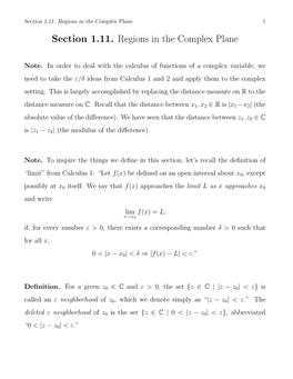 Section 1.11. Regions in the Complex Plane 1 Section 1.11