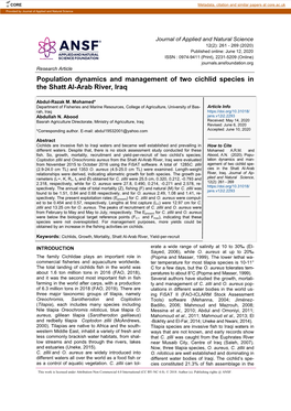 Population Dynamics and Management of Two Cichlid Species in the Shatt Al-Arab River, Iraq