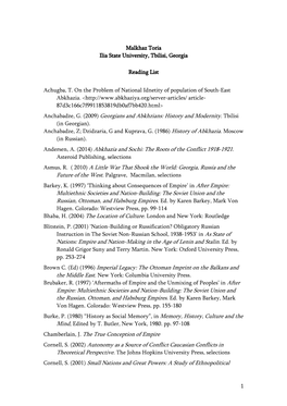 1 Malkhaz Toria Ilia State University, Tbilisi, Georgia Reading List Achugba, T. on the Problem of National Idnetity of Populati