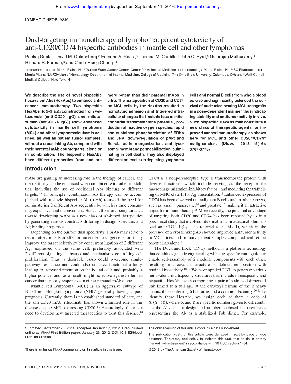 Potent Cytotoxicity of Anti-CD20/CD74 Bispecific Antibodies in Mantle Cell and Other Lymphomas