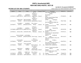 IGNTU, Amarkantak (MP) NEW OBC GIRLS HOSTEL 2017-18 Last Date for Fee Payment 02/08/2017 SECOND LIST for NEW STUDENTS Collect Challan from RANI DURGAWATI GIRLS HOSTEL