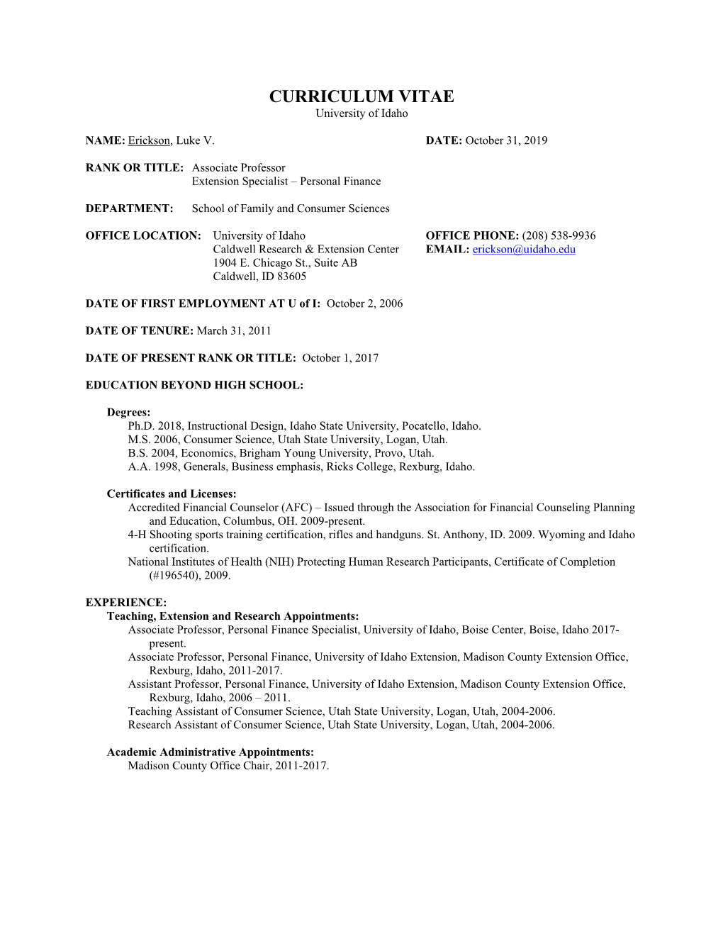 CURRICULUM VITAE University of Idaho