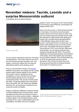 November Meteors: Taurids, Leonids and a Surprise Monocerotids Outburst 13 November 2019, by David Dickinson