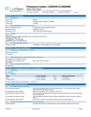 Potassium Iodate, 0.00564N (0.00094M) Safety Data Sheet According to Federal Register / Vol
