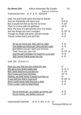 Go Home Girl Arthur Alexander/ Ry Cooder 1/2 (Harmony Underlined) Instrumental Intro G D a D D(H/O)X4