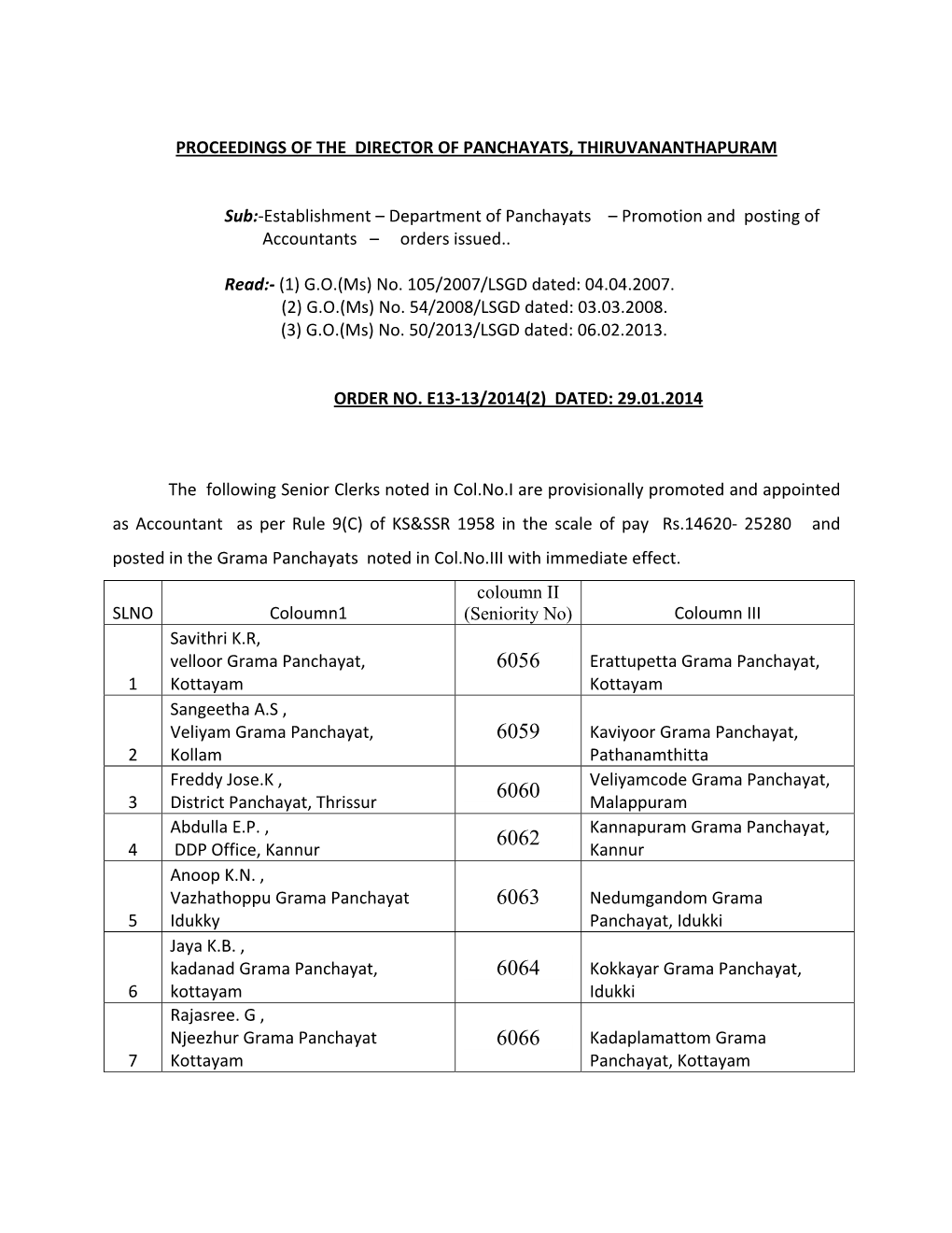 Department of Panchayats – Promotion and Posting of Accountants – Orders Issued