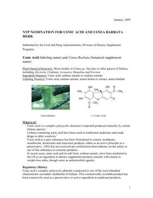 Ntp Nomination for Usnic Acid and Usnea Barbata Herb