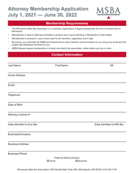 Attorney Membership Application July 1, 2021 — June 30, 2022