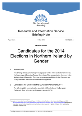 Candidates for the 2014 Elections in Northern Ireland by Gender