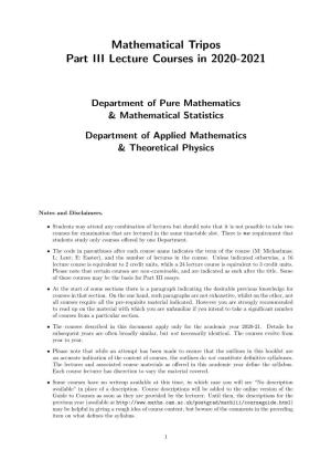 Mathematical Tripos Part III Lecture Courses in 2020-2021