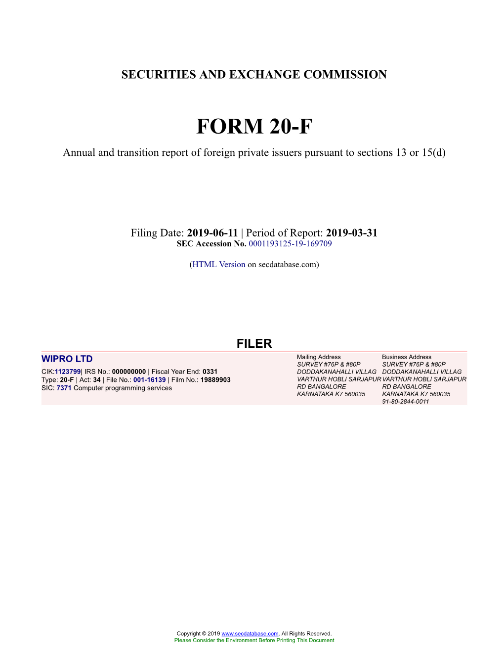 WIPRO LTD Form 20-F Filed 2019-06-11