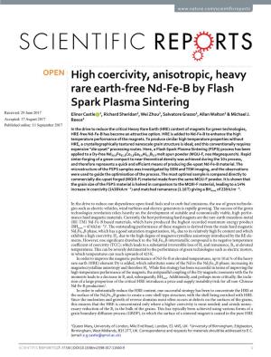 High Coercivity, Anisotropic, Heavy Rare Earth-Free Nd-Fe-B by Flash Spark Plasma Sintering