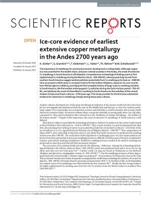 Ice-Core Evidence of Earliest Extensive Copper Metallurgy in the Andes 2700 Years Ago Received: 04 October 2016 A