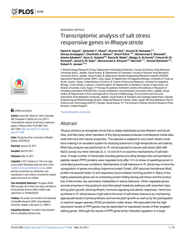 Transcriptomic Analysis of Salt Stress Responsive Genes in Rhazya Stricta