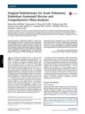 Surgical Embolectomy for Acute Pulmonary Embolism: Systematic Review and Comprehensive Meta-Analyses