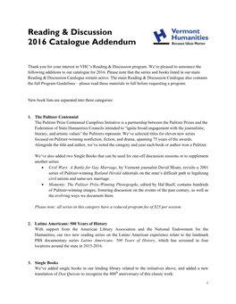 Reading & Discussion 2016 Catalogue Addendum