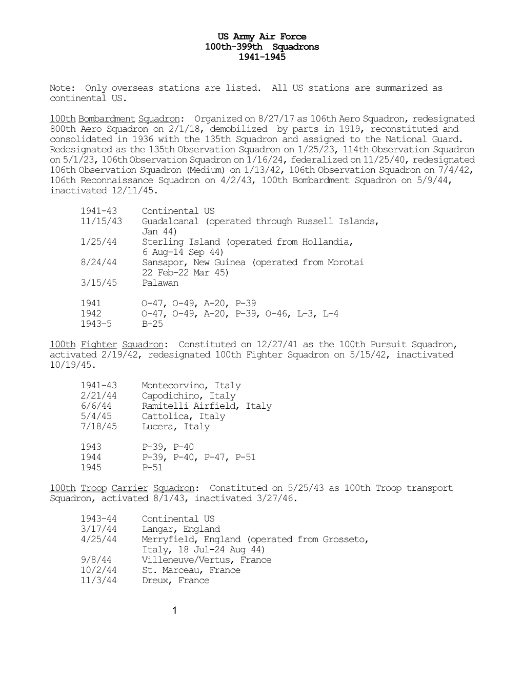US Army Air Force 100Th-399Th Squadrons 1941-1945