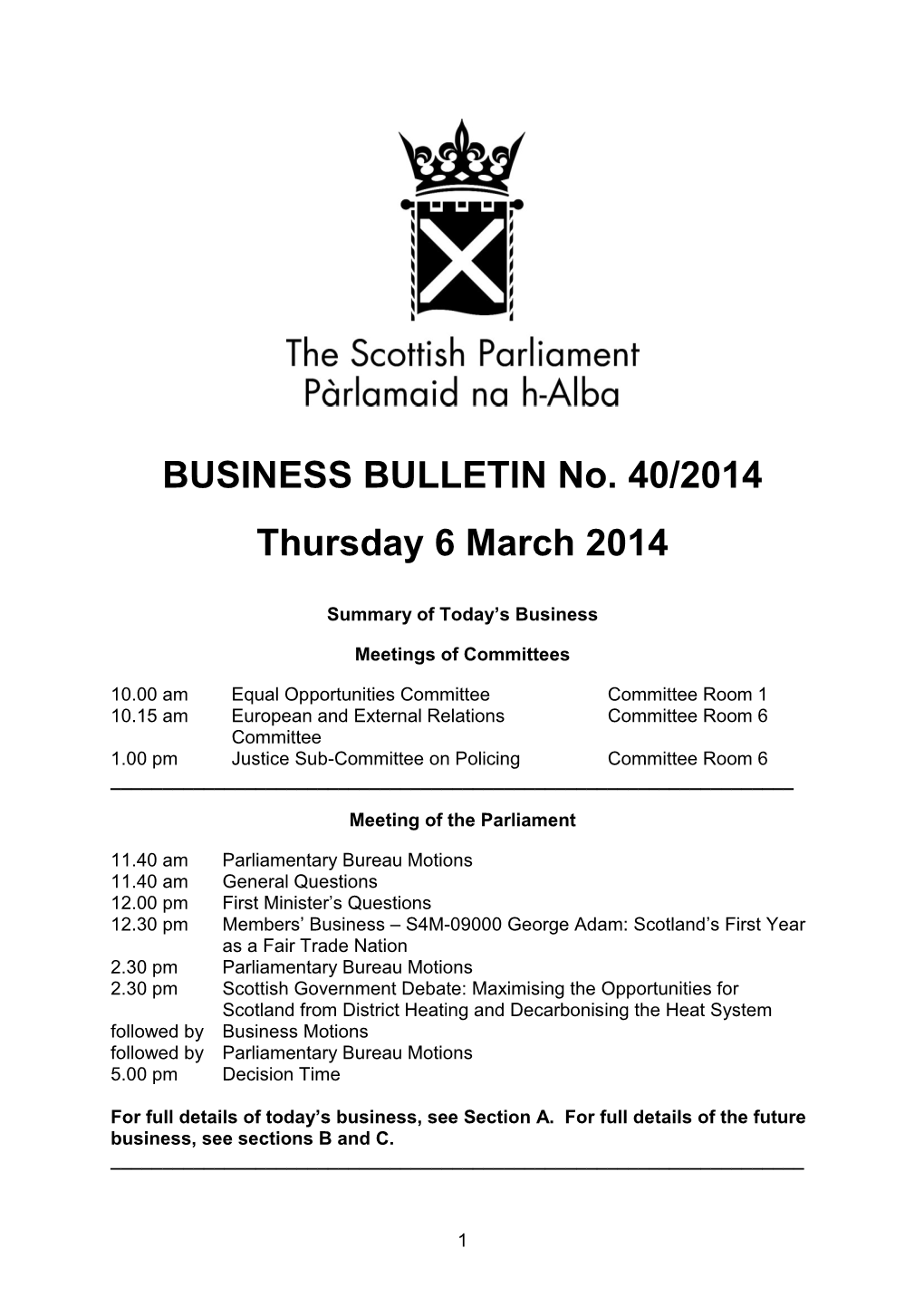 BUSINESS BULLETIN No. 40/2014 Thursday 6 March 2014