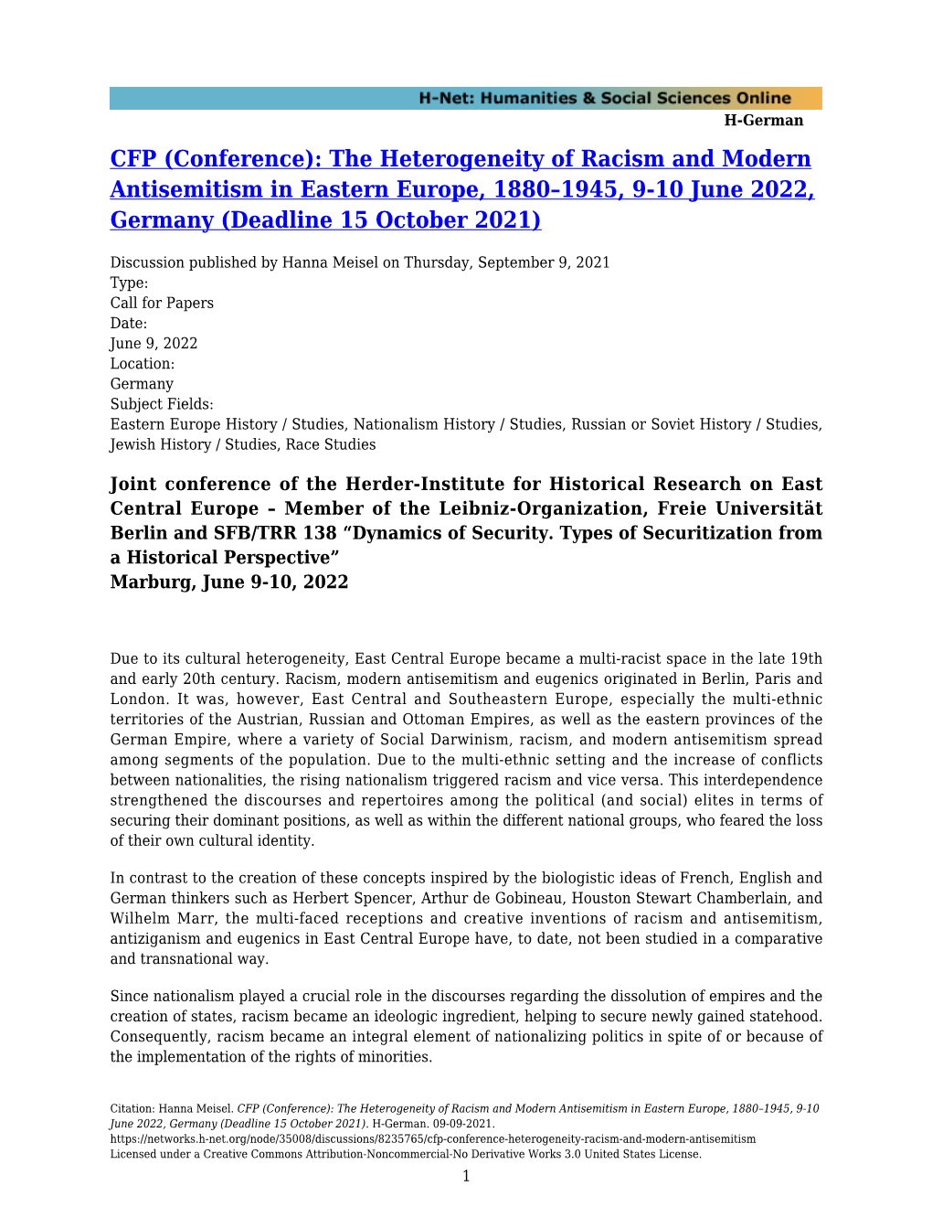 CFP (Conference): the Heterogeneity of Racism and Modern Antisemitism in Eastern Europe, 1880–1945, 9-10 June 2022, Germany (Deadline 15 October 2021)