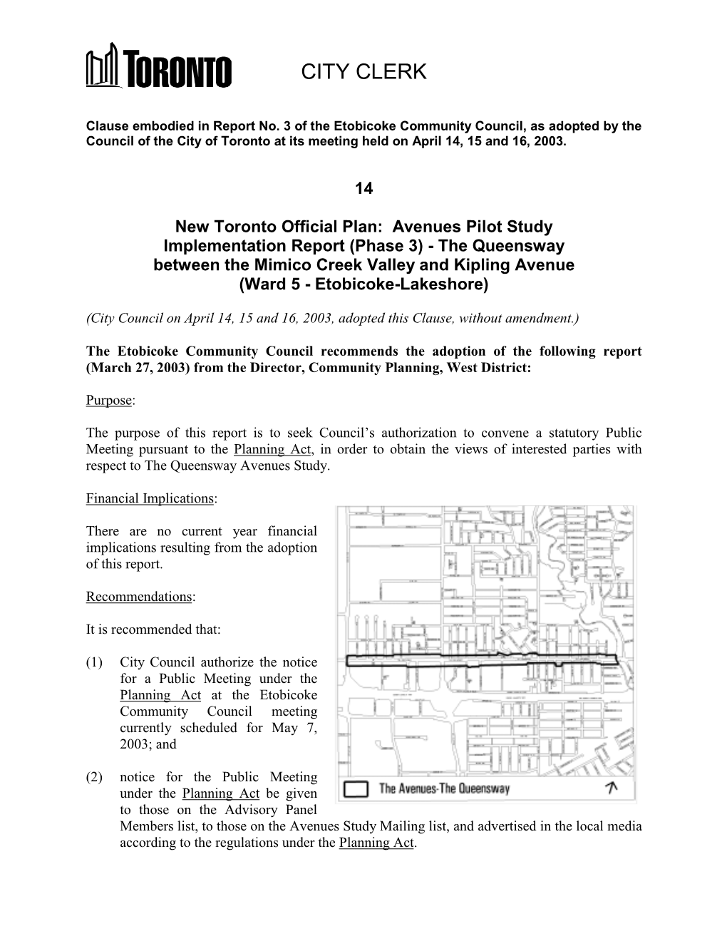 New Toronto Official Plan: Avenues Pilot Study