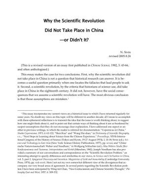 Why the Scientific Revolution Did Not Take Place in China —Or Didn't