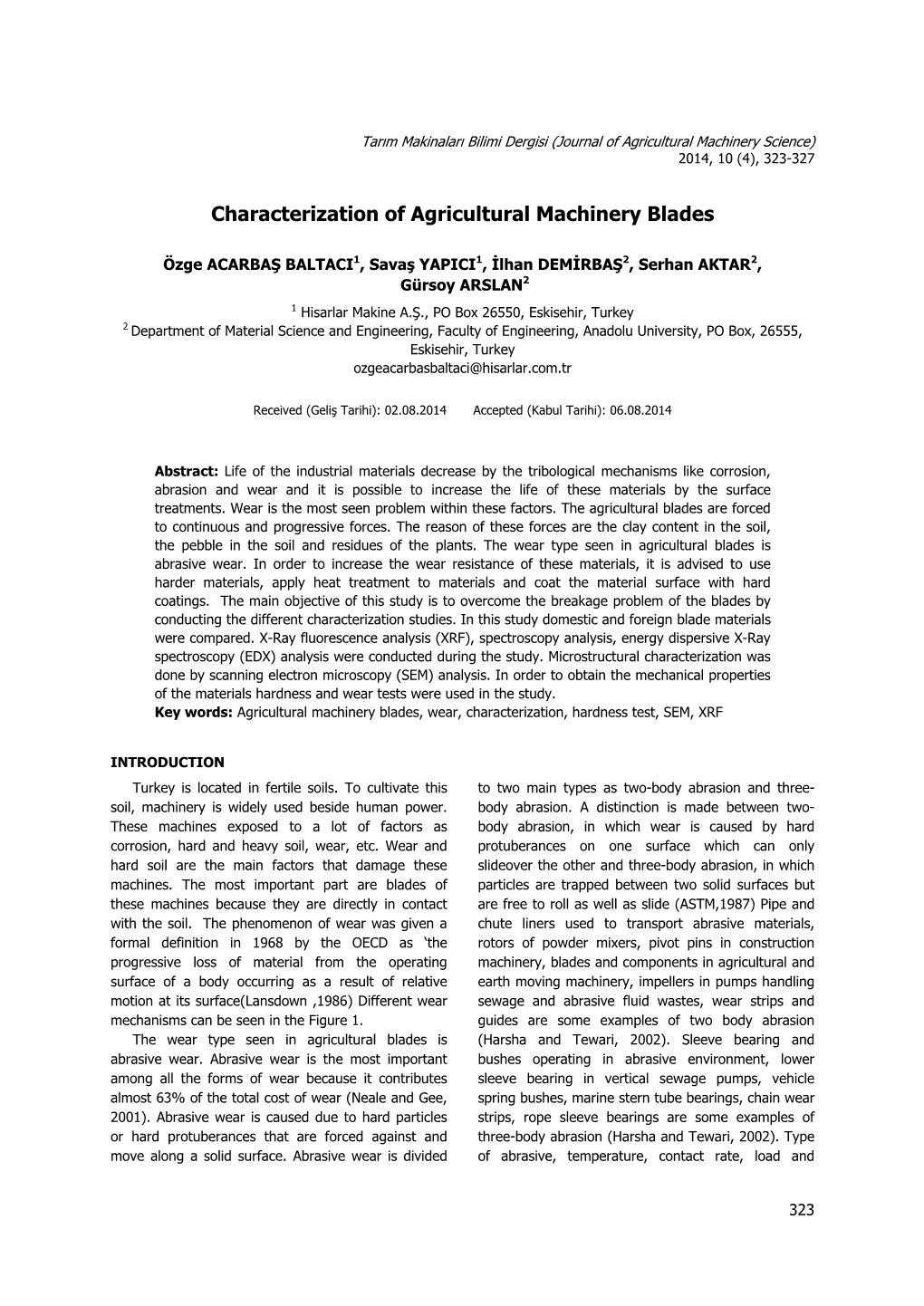 Characterization of Agricultural Machinery Blades