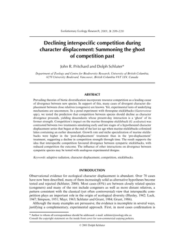 Declining Interspecific Competition During Character Displacement